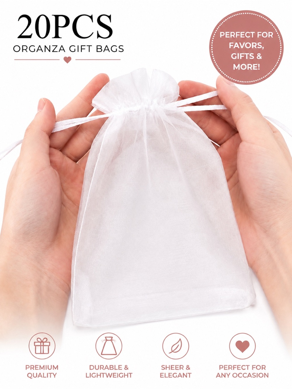20 White Organza Gift Bags 4” x 6” Sheer Drawstring Favor Wedding Party